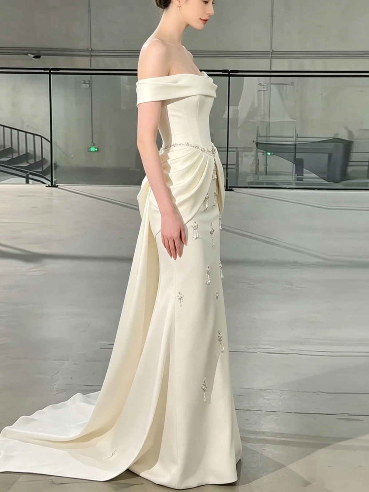 Off Shoulder Twist Waist Beaded Satin Mermaid Train Wedding Gown