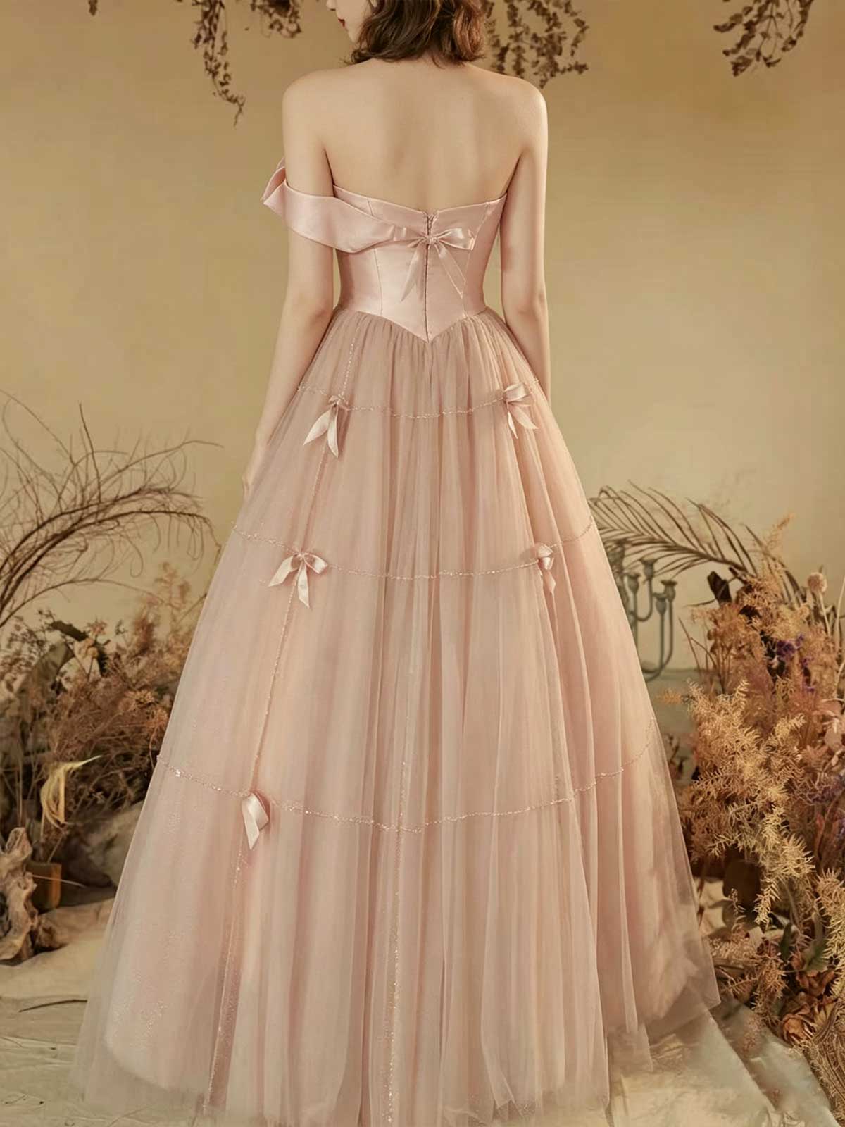 Blush Pink Bow Detail Strapless Tulle A-Line Prom Gown