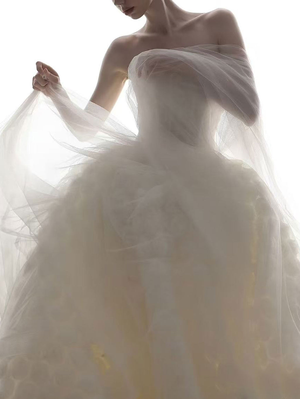 Ethereal Strapless Ball Gown with 3D Rose Textured Skirt & Sheer Tulle Overlay