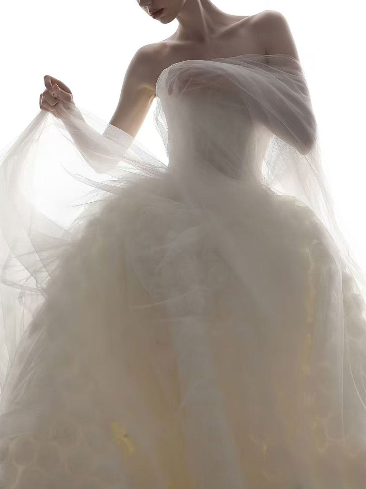 Ethereal Strapless Ball Gown with 3D Rose Textured Skirt & Sheer Tulle Overlay