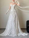 White Strapless Lace A-Line Gown with Scalloped Neckline & Chapel Train