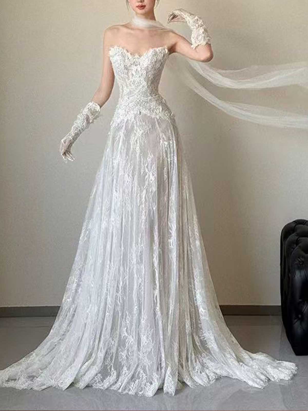 White Strapless Lace A-Line Gown with Scalloped Neckline & Chapel Train