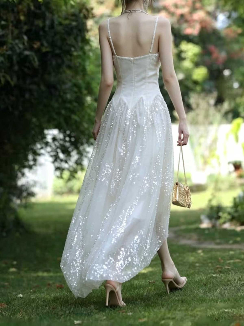 White Sequin Spaghetti Strap Asymmetrical Midi Cocktail Dress