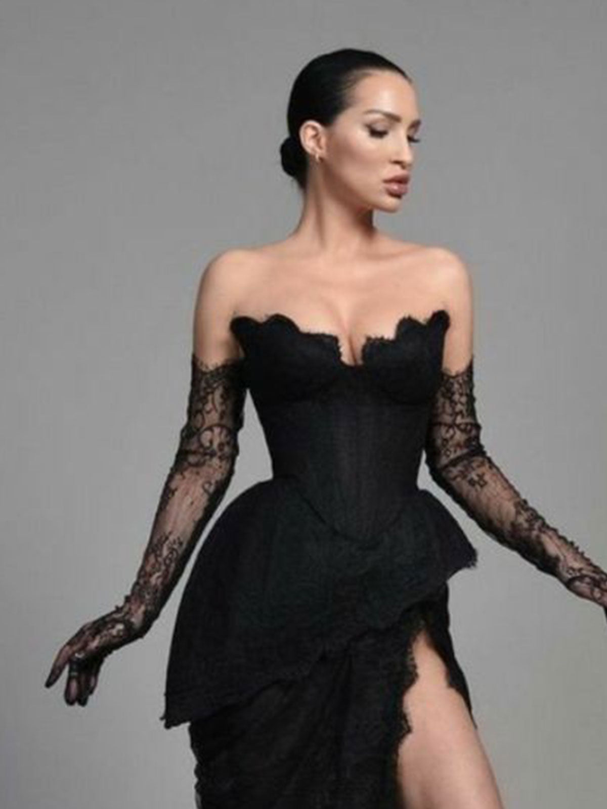 Black Lace Off-the-Shoulder Corset Gown with High Slit & Train