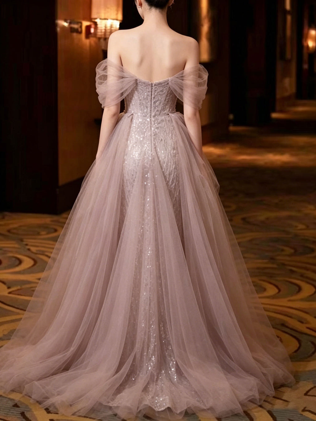 Lavender Off-the-Shoulder Tulle Evening Gown with Beaded Mermaid Skirt