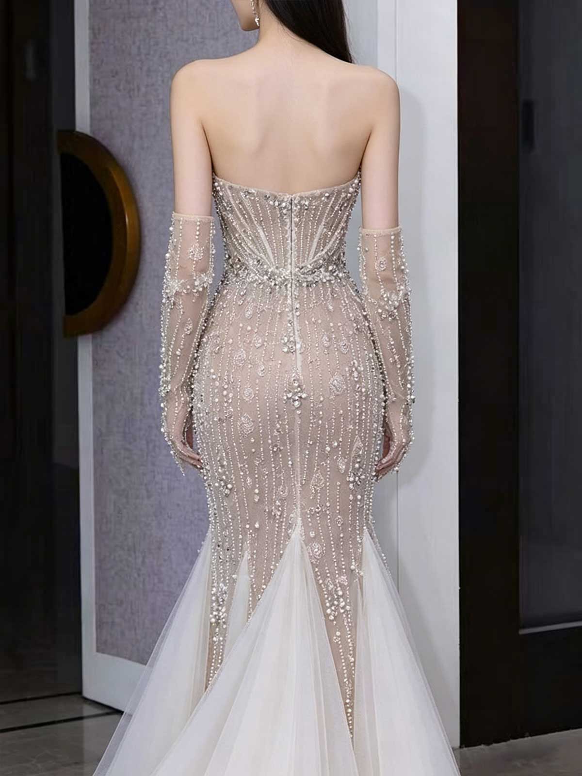 Ivory Pearl Beaded Sheer Strapless Mermaid Evening Gown with Gloves