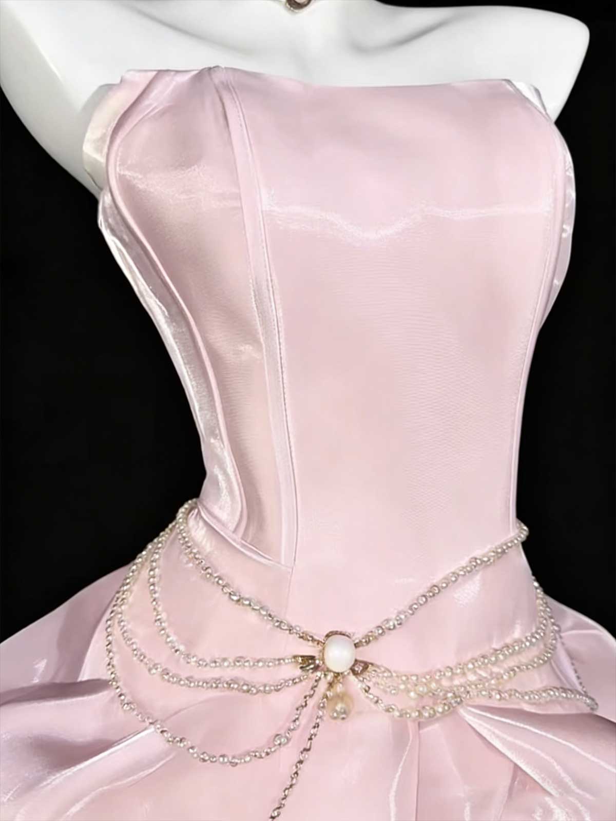 Glossy Pink Bustier Cocktail Gown with Pearl Choker