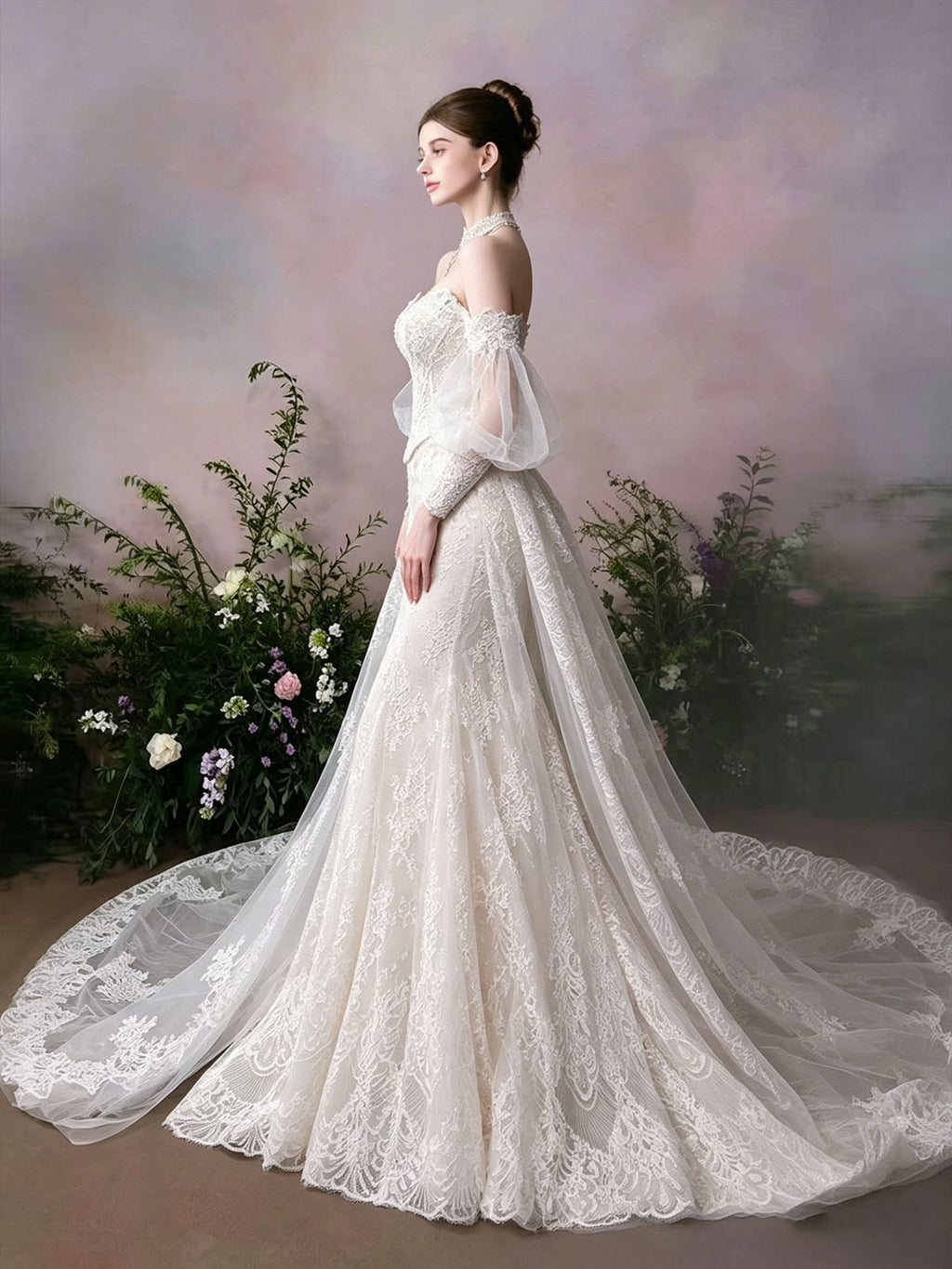 Sweetheart Puff Sleeve Lace Mermaid Chapel Train Wedding Dress