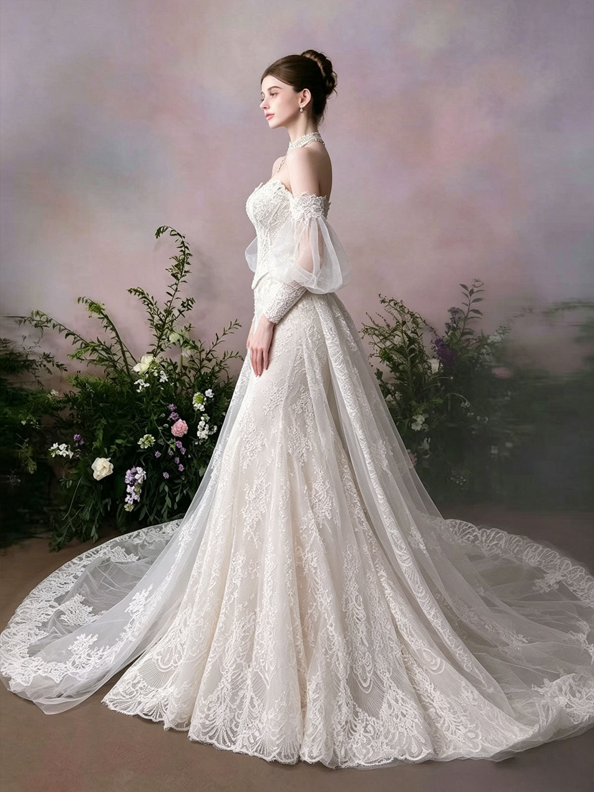 Sweetheart Puff Sleeve Lace Mermaid Chapel Train Wedding Dress