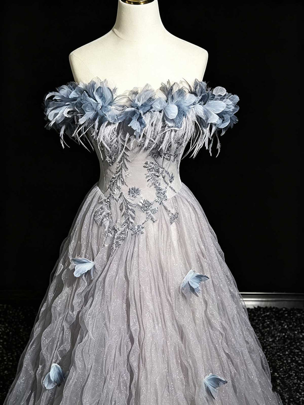Dusty Blue Off-the-Shoulder Evening Gown with Feather & Floral Appliqués