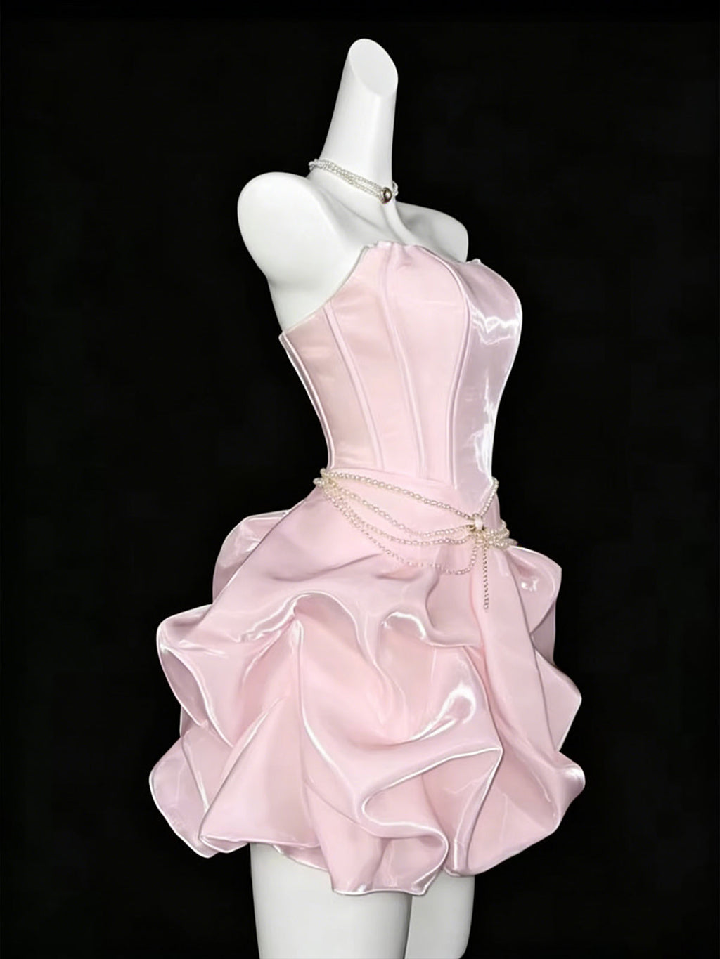 Glossy Pink Bustier Cocktail Gown with Pearl Choker
