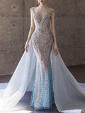 Blue Gradient Beaded Strapless Mermaid Wedding Dress with Detachable Overskirt