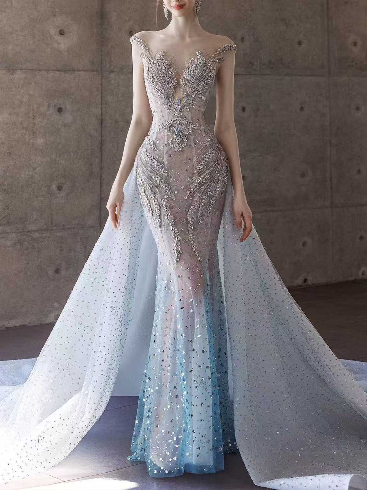 Blue Gradient Beaded Strapless Mermaid Wedding Dress with Detachable Overskirt