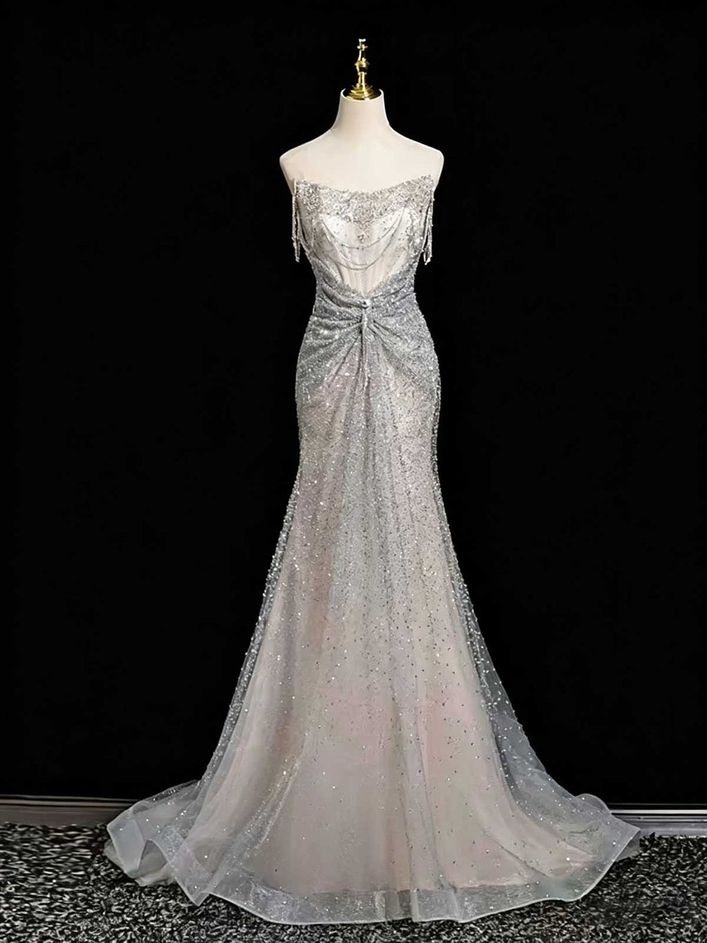 Silver Grey Strapless Twist Sequin Mermaid Evening Gown