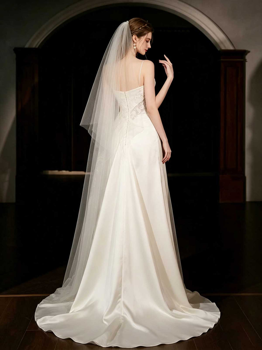 Ivory Satin & Lace Strapless Asymmetrical Mermaid Wedding Dress with Veil