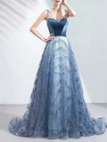 Dusty Blue Velvet Bodice Prom Dress with Sequin Tulle Skirt & Train