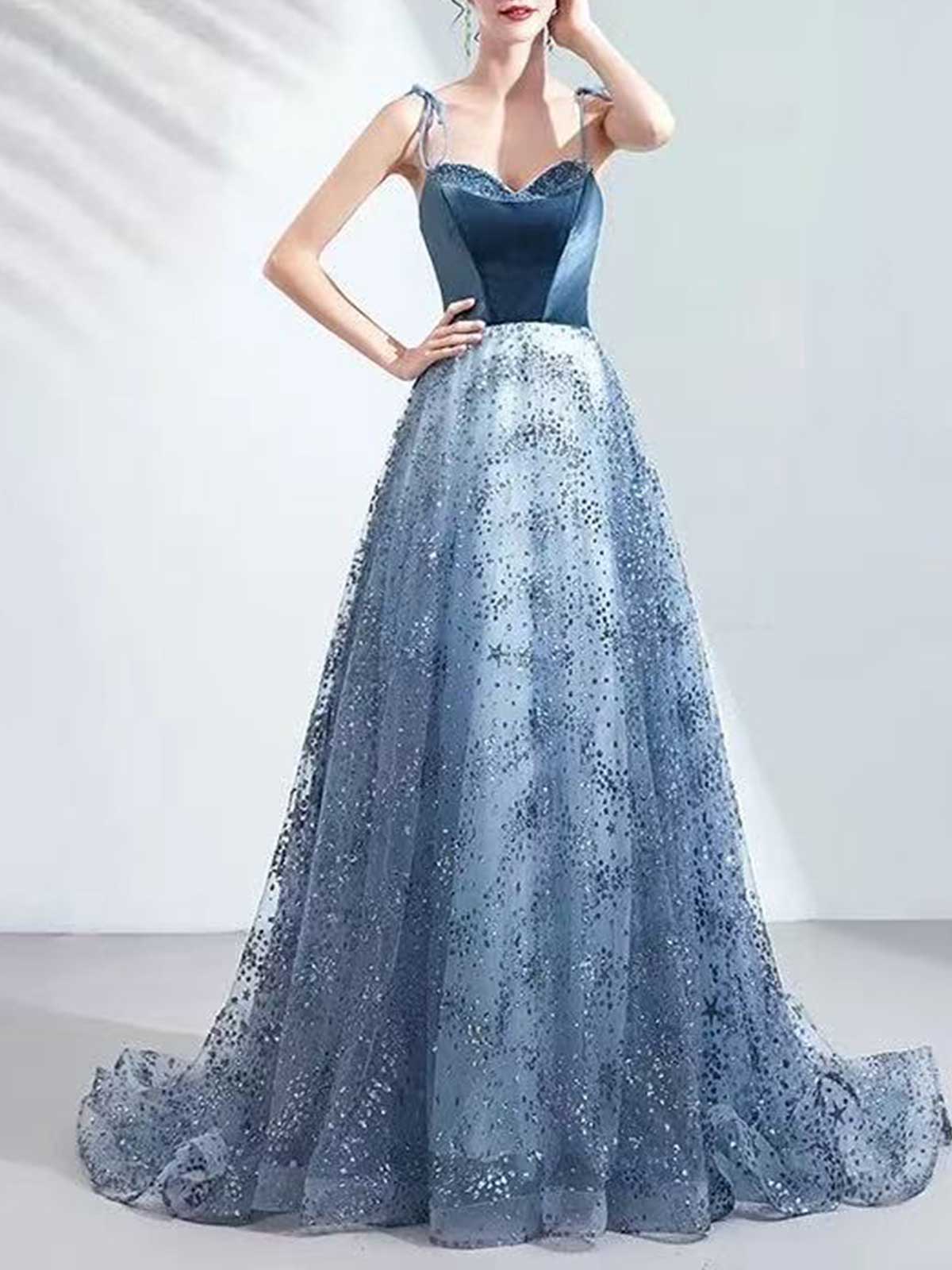 Dusty Blue Velvet Bodice Prom Dress with Sequin Tulle Skirt & Train