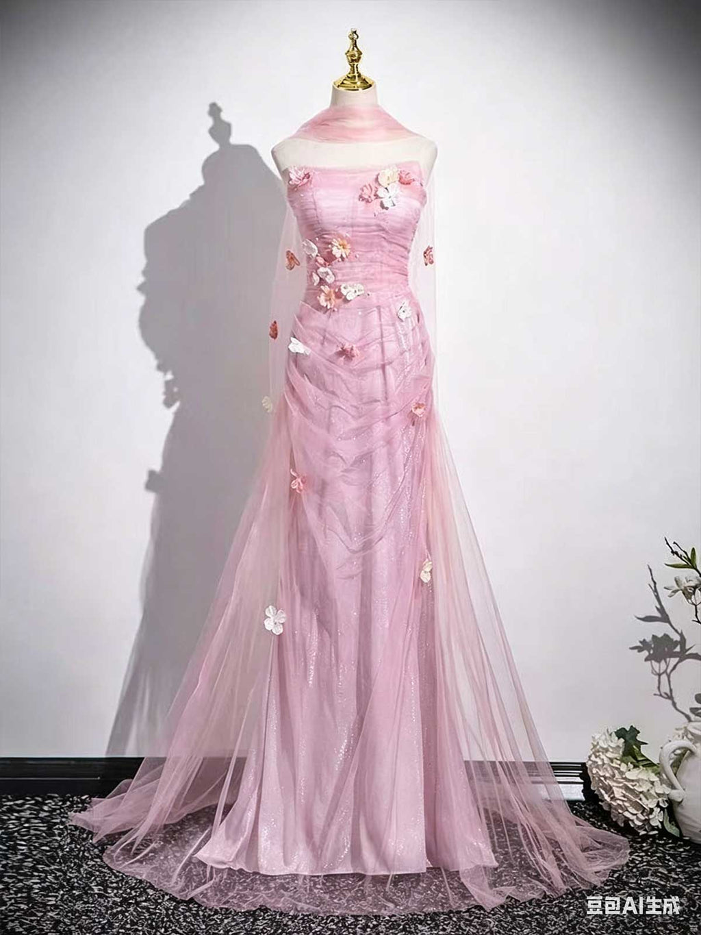 Dusty Pink Strapless Tulle Evening Gown with 3D Flower Appliqués & Sheer Shawl