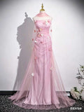 Dusty Pink Strapless Tulle Evening Gown with 3D Flower Appliqués & Sheer Shawl