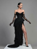 Black Lace Off-the-Shoulder Corset Gown with High Slit & Train