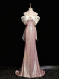 Rose Gold Strapless Sequin Mermaid Evening Gown with Satin Bow