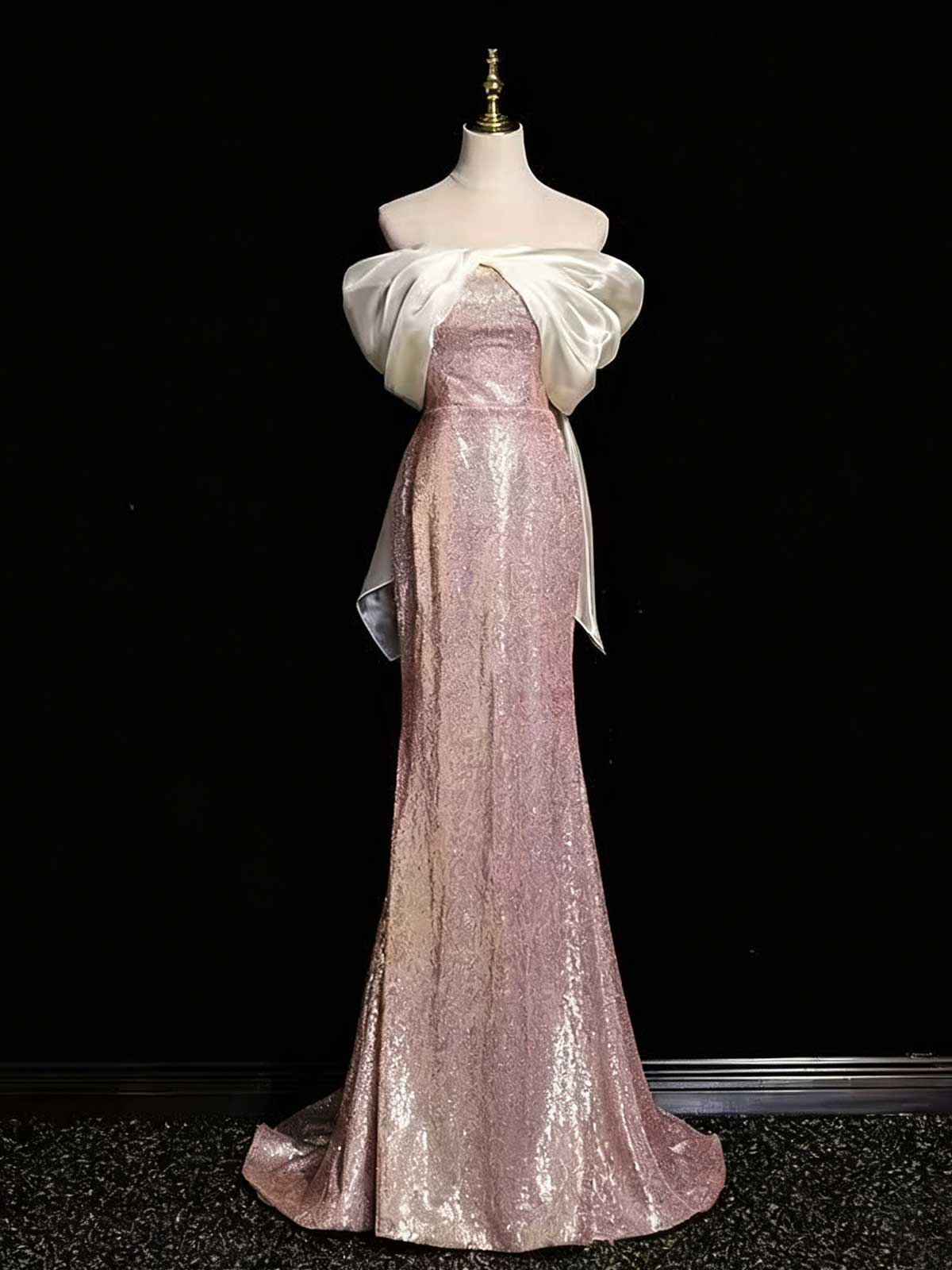 Rose Gold Strapless Sequin Mermaid Evening Gown with Satin Bow