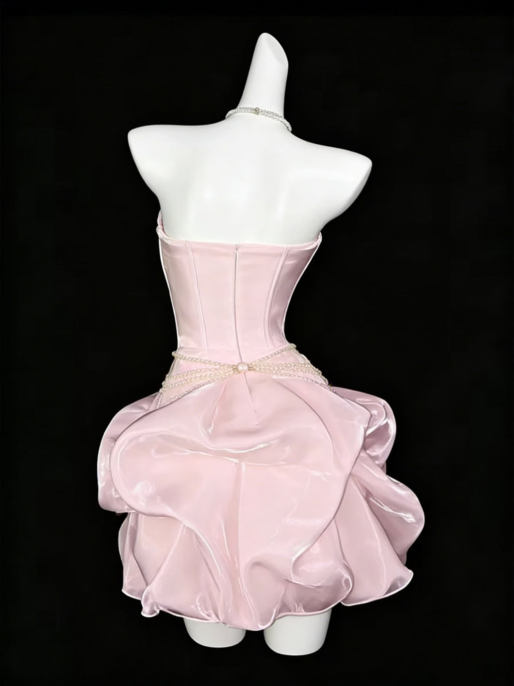 Glossy Pink Bustier Cocktail Gown with Pearl Choker