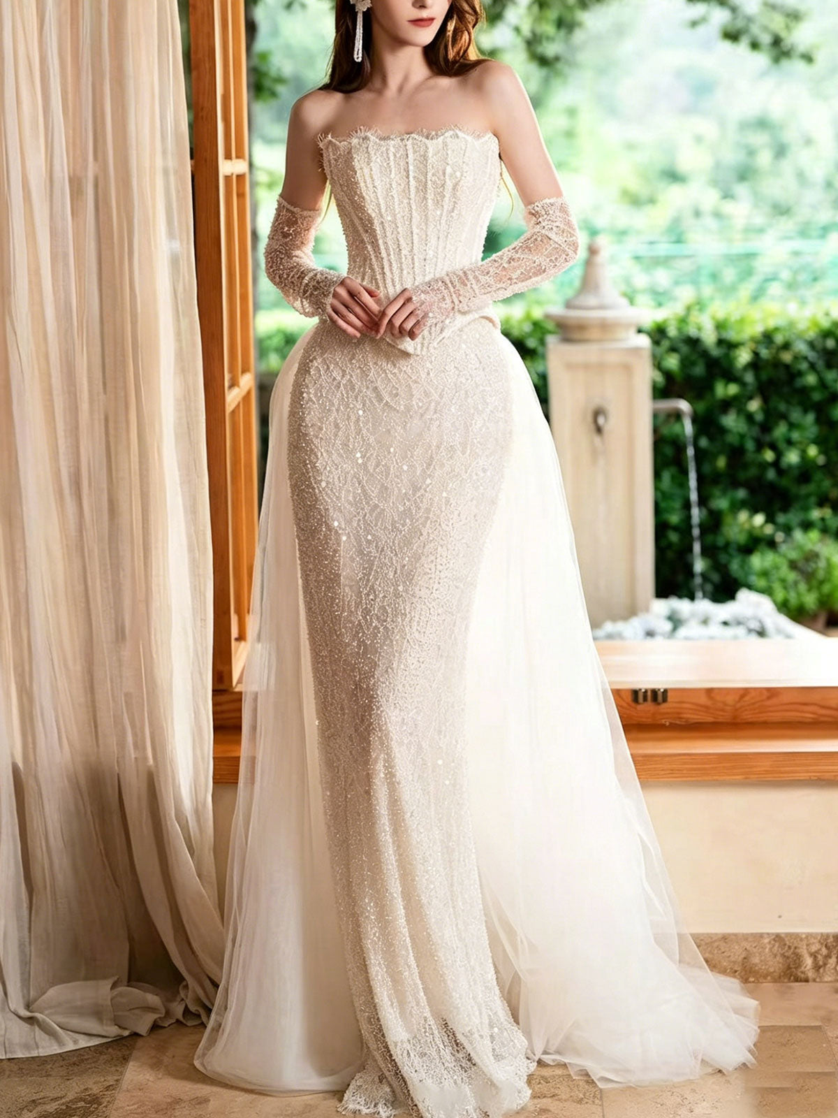 Strapless Corset Lace Mermaid Detachable Sleeve Wedding Dress