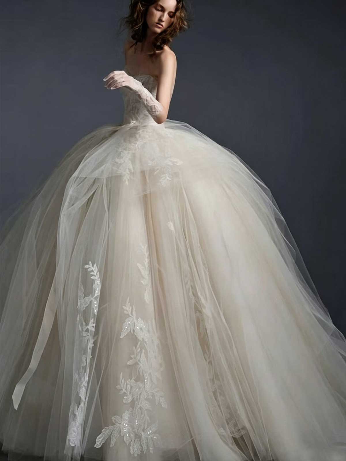 Ivory Strapless Lace Tulle Ball Gown Wedding Dress with Voluminous Skirt