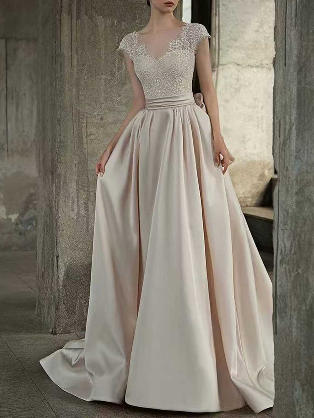 Ivory Lace Satin A-Line Wedding Dress with Cap Sleeves