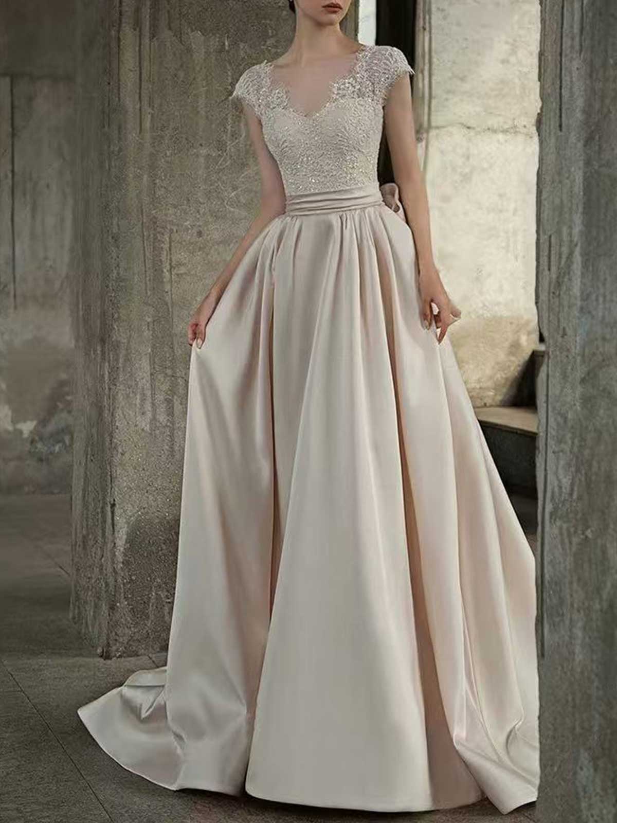 Ivory Lace Satin A-Line Wedding Dress with Cap Sleeves