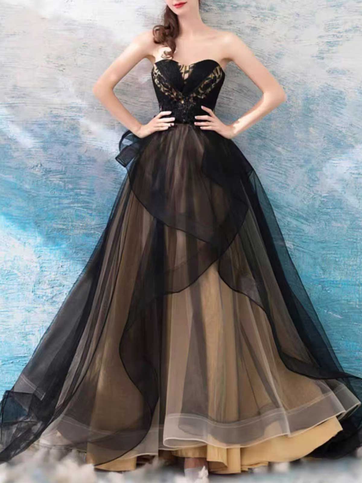 Black Lace Corset Prom Dress with Sheer Tulle Skirt and Gold Lining