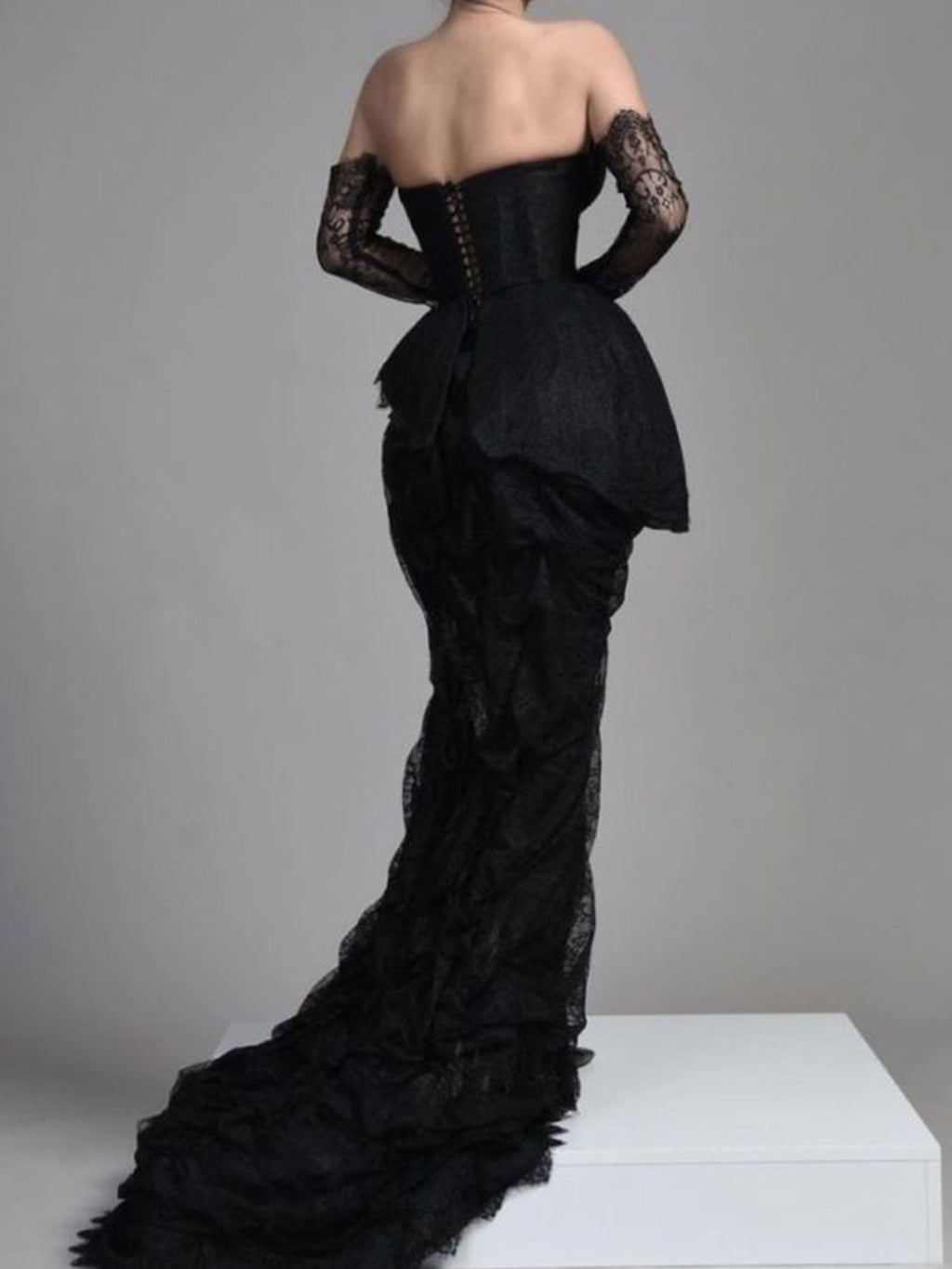 Black Lace Off-the-Shoulder Corset Gown with High Slit & Train