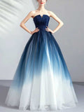 Ombre Navy to White Strapless Tulle Ball Gown