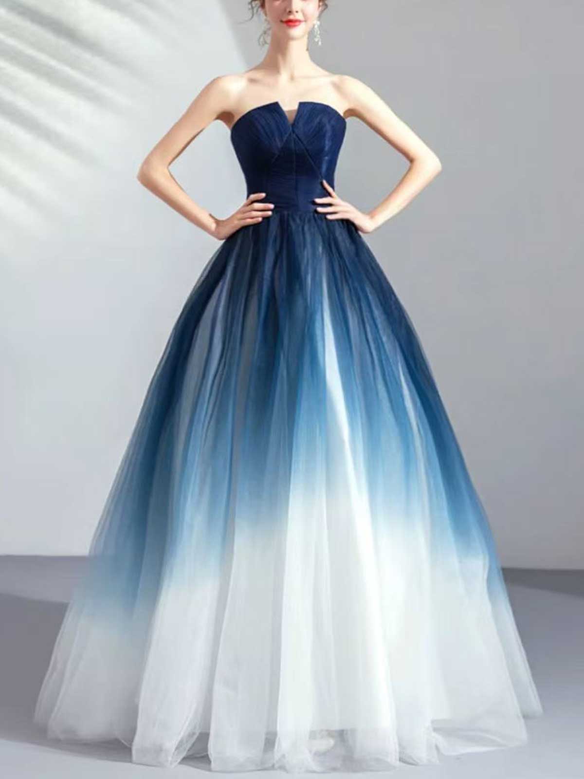 Ombre Navy to White Strapless Tulle Ball Gown