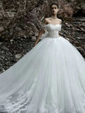 White Off-the-Shoulder Corset Tulle Ball Gown Wedding Dress with Lace Hem