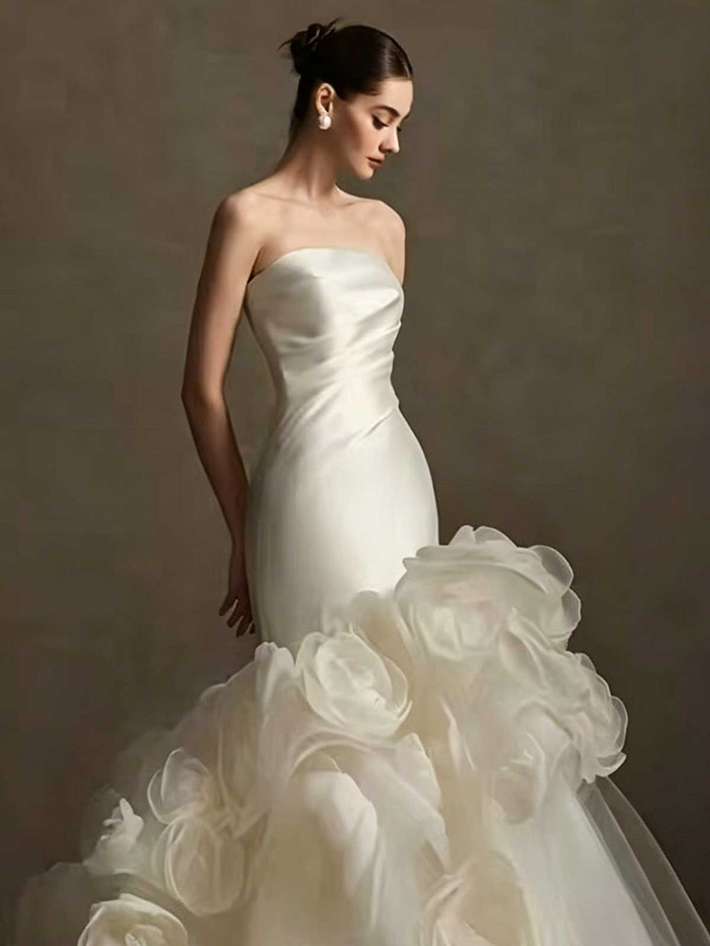 Ivory Satin Strapless Mermaid Wedding Dress with 3D Floral Ruffle Hem