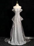 Silver Grey Spaghetti Strap Ruched Sequin Mermaid Evening Gown