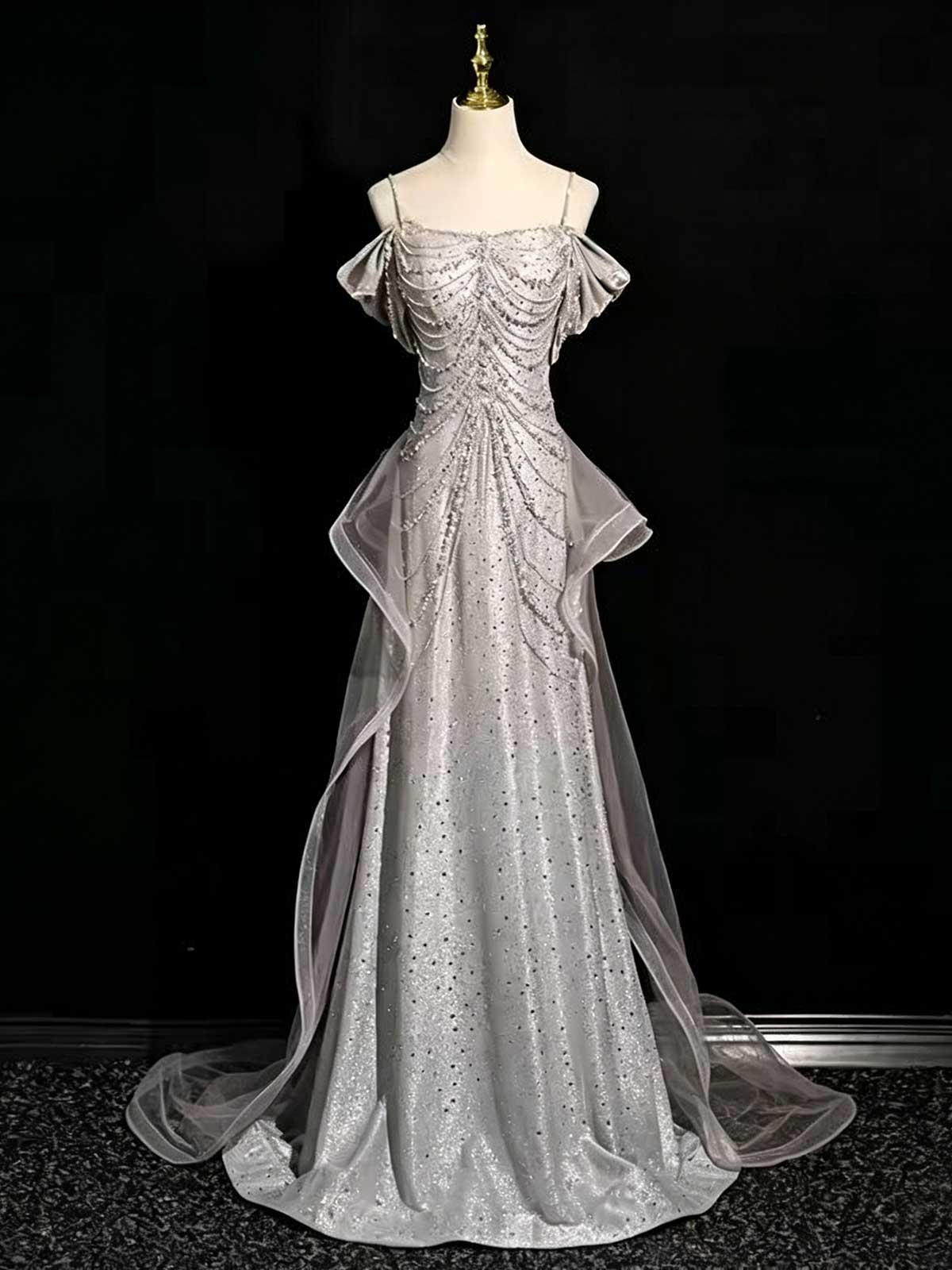 Silver Grey Spaghetti Strap Ruched Sequin Mermaid Evening Gown