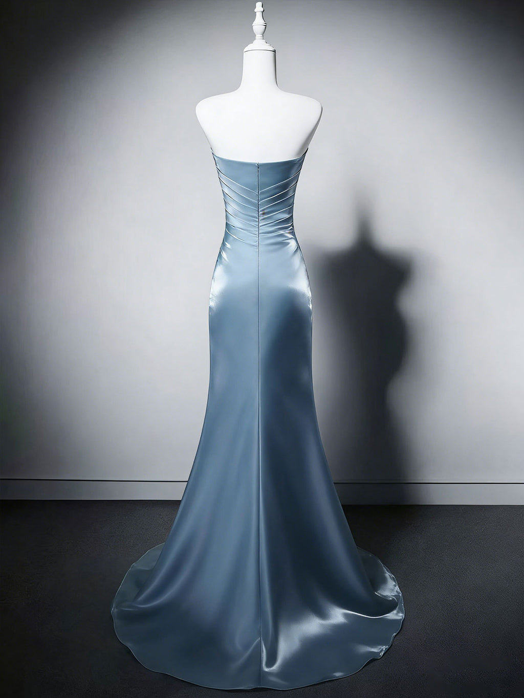 Dusty Blue Strapless Satin Mermaid Evening Gown with Beading