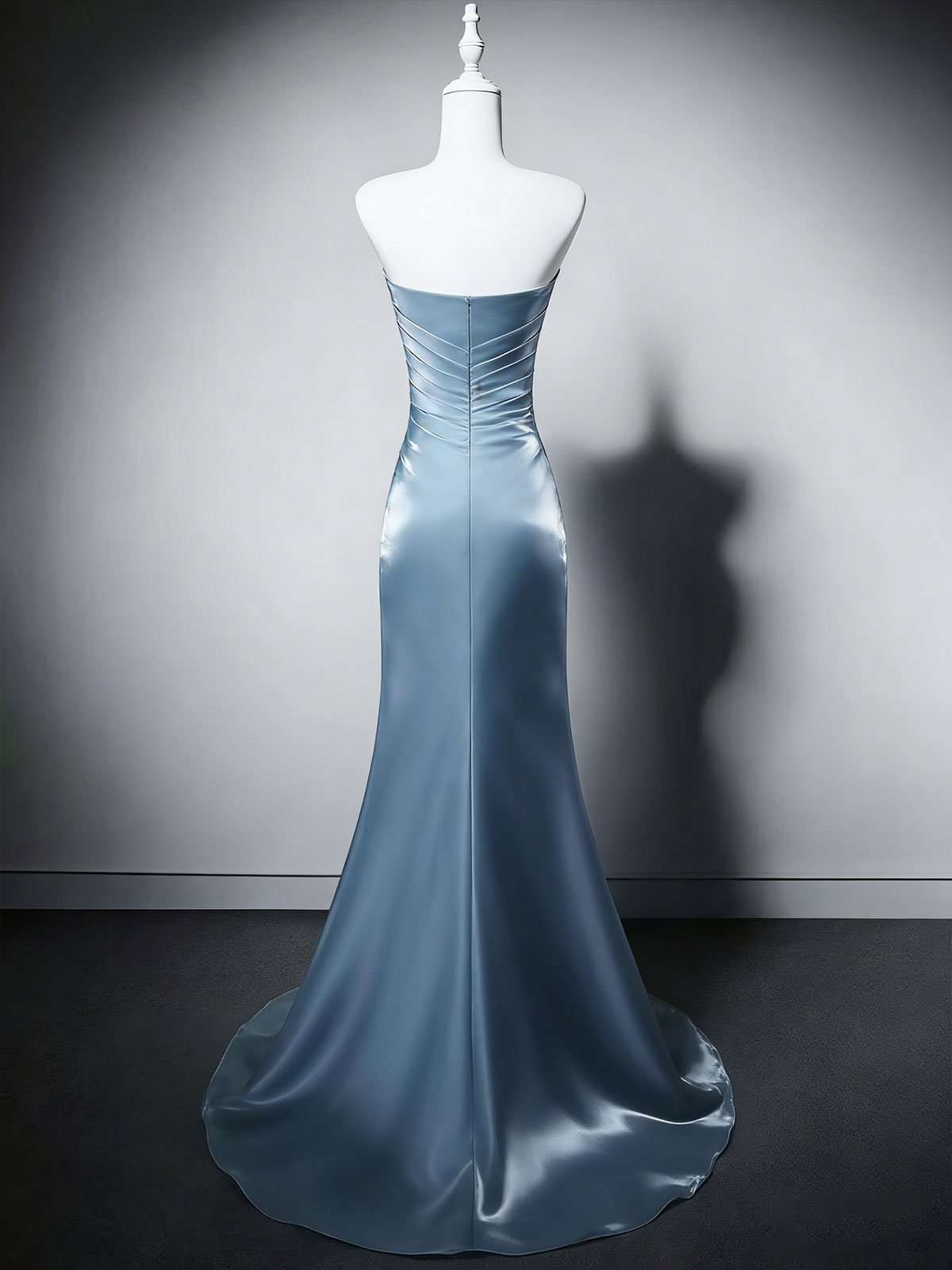 Dusty Blue Strapless Satin Mermaid Evening Gown with Beading