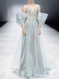 Ice Blue Sequin Strapless A-Line Evening Gown with Oversized Sleeves