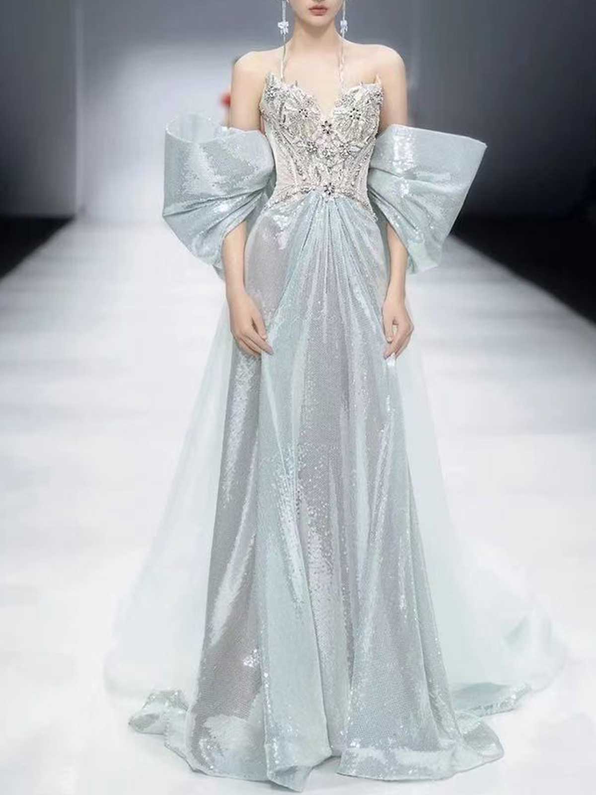 Ice Blue Sequin Strapless A-Line Evening Gown with Oversized Sleeves