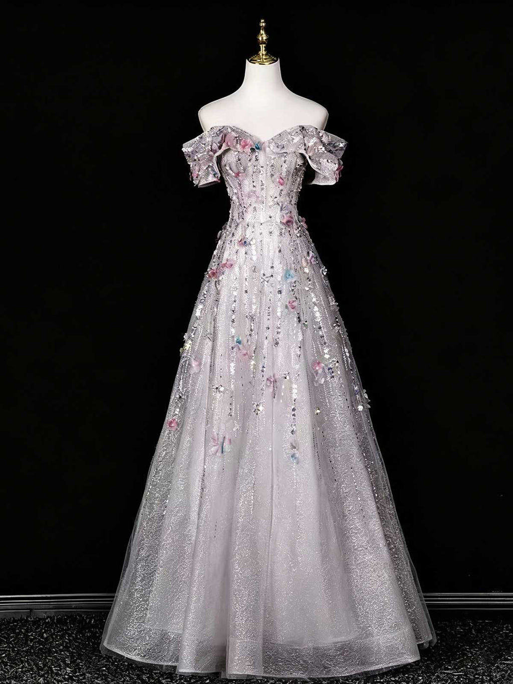 Lavender Off-the-Shoulder Sequin Evening Gown with 3D Floral Appliqués
