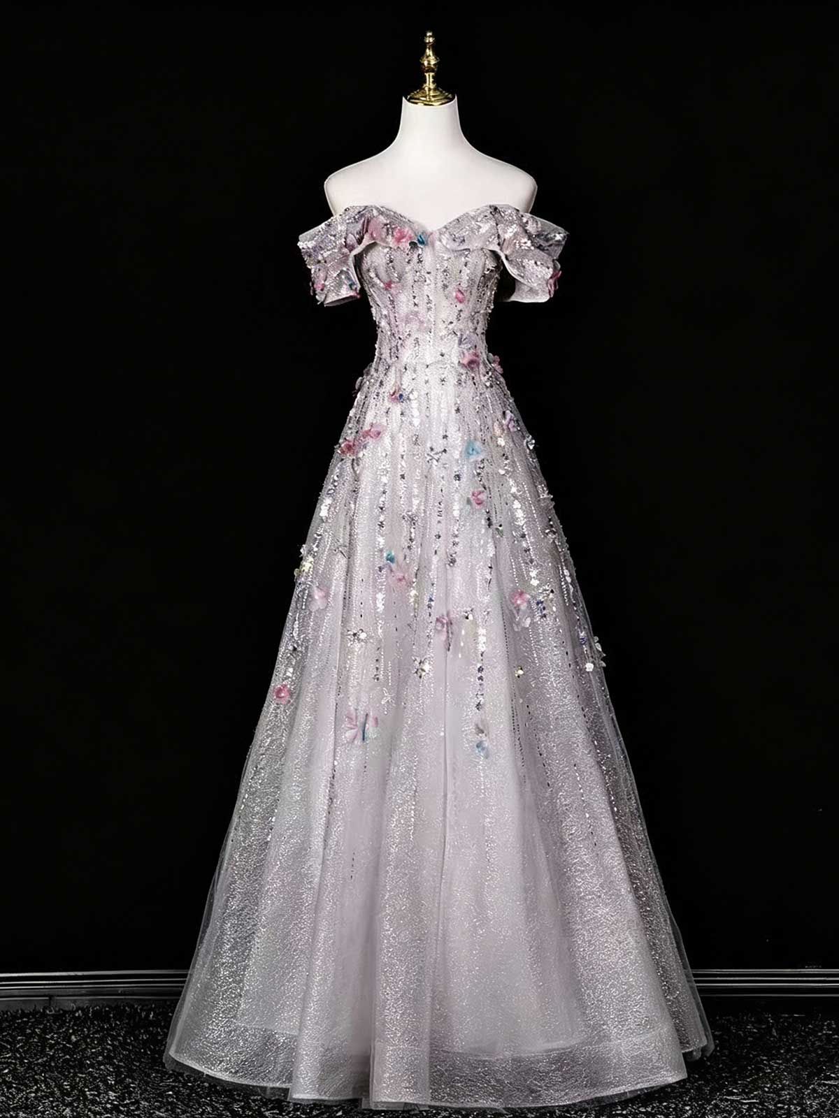 Lavender Off-the-Shoulder Sequin Evening Gown with 3D Floral Appliqués