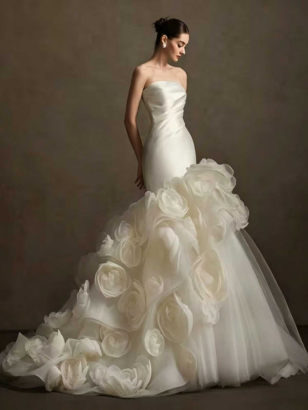 Ivory Satin Strapless Mermaid Wedding Dress with 3D Floral Ruffle Hem