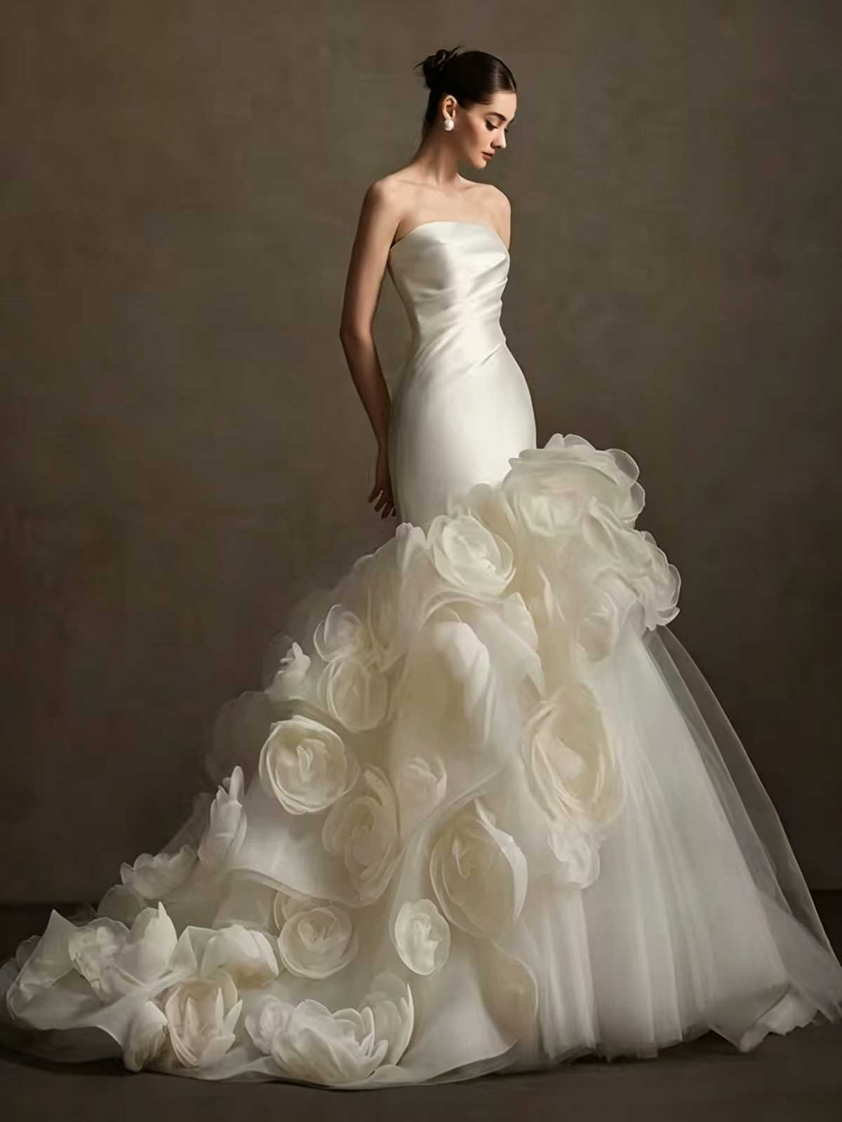 Ivory Satin Strapless Mermaid Wedding Dress with 3D Floral Ruffle Hem