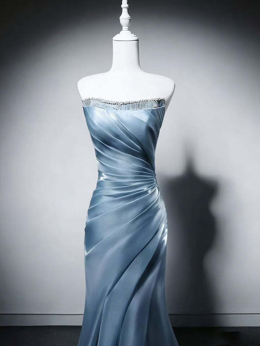 Dusty Blue Strapless Satin Mermaid Evening Gown with Beading