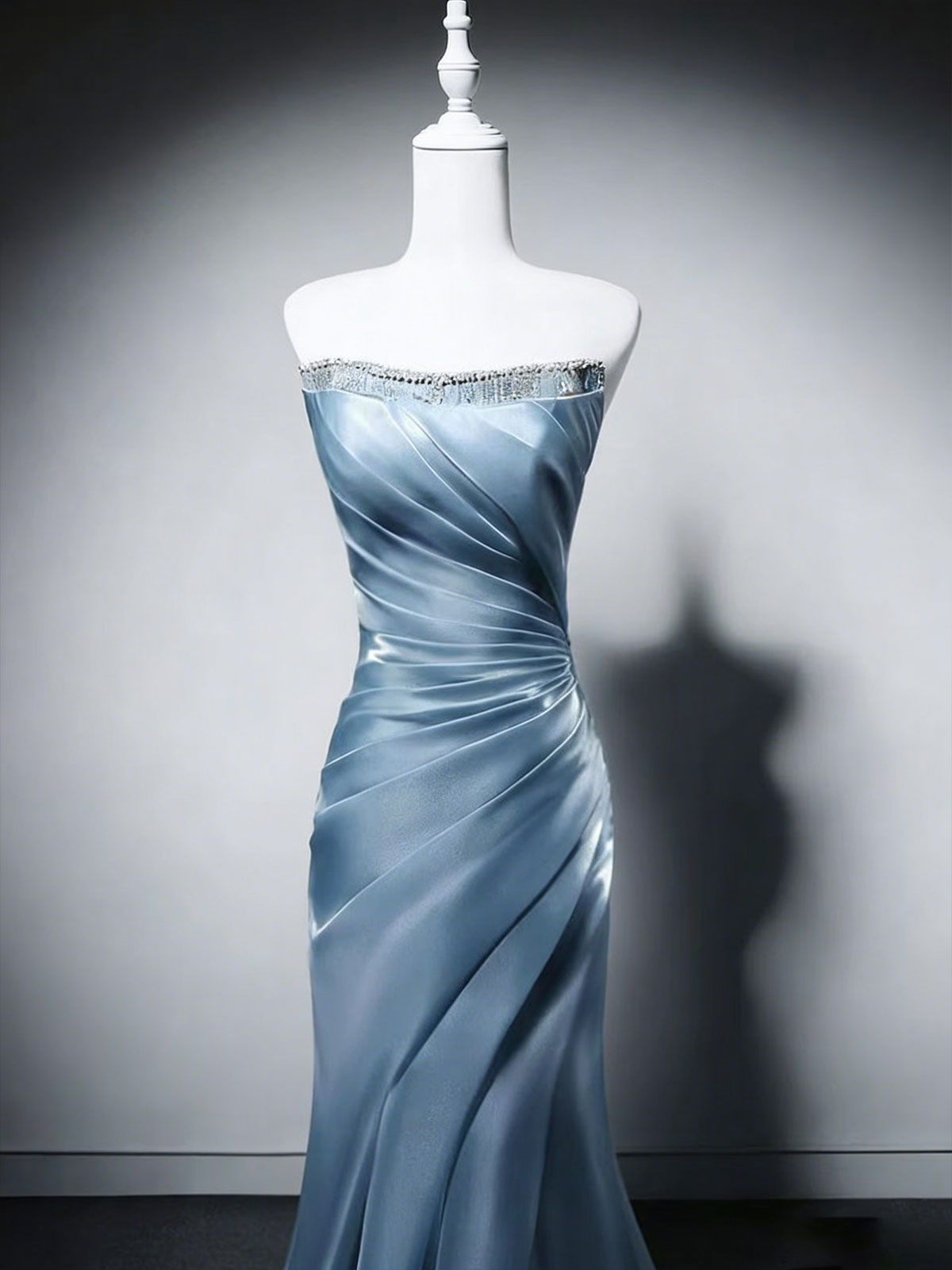 Dusty Blue Strapless Satin Mermaid Evening Gown with Beading