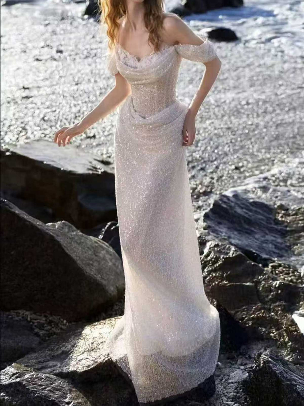 Ivory Sequin Off-the-Shoulder Mermaid Wedding Dress